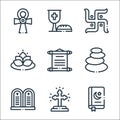 spiritual line icons. linear set. quality vector line set such as quran, cross, commandment, stones, scroll, lotus, wine