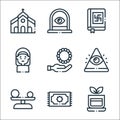 Spiritual line icons. linear set. quality vector line set such as tea, pray, equilibrium, god, rosary, nun, vedas, window