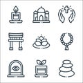 Spiritual line icons. linear set. quality vector line set such as stones, tea, window, rosary, lotus, torii gate, cross, taj mahal