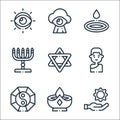 Spiritual line icons. linear set. quality vector line set such as sun, candle, taoism, buddhist, davids star, menorah, water drop