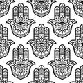 Hamsa hand with mandala vector seamless pattern - decorative evil eye symbol of protection textile or fabric print design