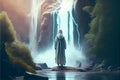 spiritual man in robe meditating in mountains near the waterfall with emanating energy. Calming unity with nature