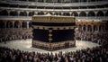 Spiritual men praying at majestic mosque in crowded cityscape generated by AI