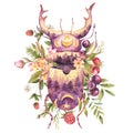 Spiritual sacred beetle with wildflowers. Totem animals watercolor