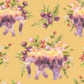 Spiritual sacred elephant with wildflowers seamless pattern. Totem animals floral watercolor