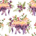 Spiritual sacred elephant with wildflowers seamless pattern. Totem animals floral watercolor illustration