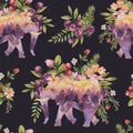 Spiritual sacred elephant with wildflowers seamless pattern. Totem animals