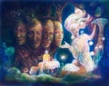 Spiritual sacred tree of four faces, beautiful fantasy colorful painting