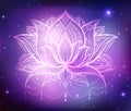 Spiritual symbol of lotus with tribal decoration on blurred cosmos and stars background. Calm and meditation. Water lily
