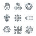 Spiritual symbols line icons. linear set. quality vector line set such as native, svadhishthana, christianity, buddism, sikhism,