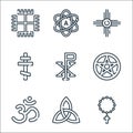 spiritual symbols line icons. linear set. quality vector line set such as rosary, triqueta, hinduism, wicca, chi rho, orthodox