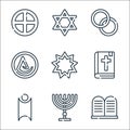 spiritual symbols line icons. linear set. quality vector line set such as commandements, menorah, humanism, christian, bahaism,