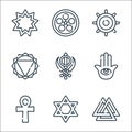 spiritual symbols line icons. linear set. quality vector line set such as valknut, judaism, ankh, hamsa, sikhism, manipura,