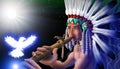 Spiritual vision of a Native American war chief at night while playing music with his flute.