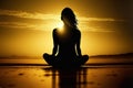 Spirituality concept of a woman silhouette backview meditating against the sunlight. Golden sunset sunbeam. Generative AI