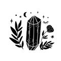 Spirituality crystal logo. Moon flower. Black graphic magical stone. Spiritual stone illustration. Hand drawn mineral