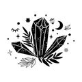 Spirituality crystal moon logo. Graphic magical stone. Spiritual stone illustration. Black minerals print