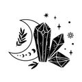 Spirituality moon phase crystal logo. Floral moon. Black graphic magical stone. Spiritual stone illustration. Vector