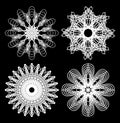 Spirograph circle lace patterns, design elements in white outline on black background, gorgeous symmetric geometric