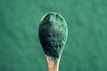 Spirulina algae powder on a spoon, top view Royalty Free Stock Photo