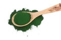 Spirulina algae powder in wooden spoon isolated on white background. Top view Royalty Free Stock Photo