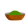 Spirulina in bowl. Green seaweed on plate. Healthy food in powder.