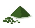 Spirulina, chlorophyll, or chlorella powder and tablets isolated on white background. Vector illustration