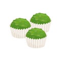 Spirulina cupcakes in paper cups. Healthy and tasty dessert. Green muffins. Flat vector design Royalty Free Stock Photo