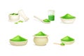 Spirulina dietary supplements set. Fresh green leaves and powder of algae. Eco product, antioxidant superfood cartoon