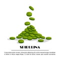 Spirulina falling tablets, algae nutritional supplement isolated on white background, vector illustration. Healthy food