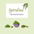 Spirulina powder background in hand drawn sketch