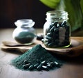 Spirulina powder and spirulina capsule.. Generative Ai