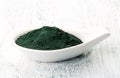 Spirulina powder in white porcelain spoon