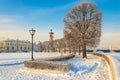 The Spit of Vasilievsky island at a hazy frosty winter day.