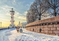 The Spit of Vasilievsky island at a hazy frosty winter day.