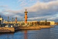 The Spit of Vasilievsky Island shot from Dvortsovy Palace bridge. Royalty Free Stock Photo