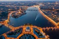 Spit of Vasilyevsky Island. St. Petersburg. Neva River. Summer night top view of Petersburg. Exchange. Rastral columns. The