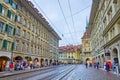 Spitalgasse street and Kafigturm tower on background in Bern, Switzerland