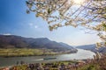 Spitz village with ship on Danube river in Wachau valley during spring time, Austria