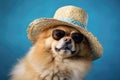 Spitz wearing sunglasses and a straw hat on a blue background. Summer concept