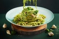 Splash abd levitation of delicious green pasta dish with pesto sauce and fresh herbs