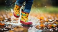 Splash Adventure: Kids' Bright Rain Boots in Puddle Play. Generative ai