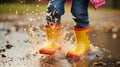 Splash Adventure: Kids' Bright Rain Boots in Puddle Play. Generative ai