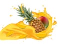 Splash of ananas juice. Mango and pineapple. 3d realistic vector Royalty Free Stock Photo