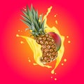 Splash of ananas juice. Mango and pineapple. 3d realistic vector Royalty Free Stock Photo