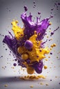 Splash art dans? of yellow and purple liquids like slow motion shooting random scattering