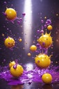 Splash art dans? of yellow and purple liquids like slow motion shooting random scattering