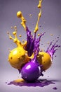 Splash art dans? of yellow and purple liquids like slow motion shooting random scattering