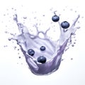 a splash of blueberry yogurt, drops of milk drink in the air and flying berries.