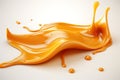 A splash of caramel colored liquid on a white background. Generative AI